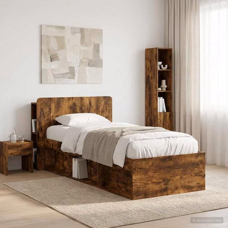 Testata del letto moderna vidaXL in legno ingegnerizzato Rovere Fumo con ripiano integrato e scomparti laterali, L: 95,0 cm, H: 80,0 cm, P: 18,5 cm
