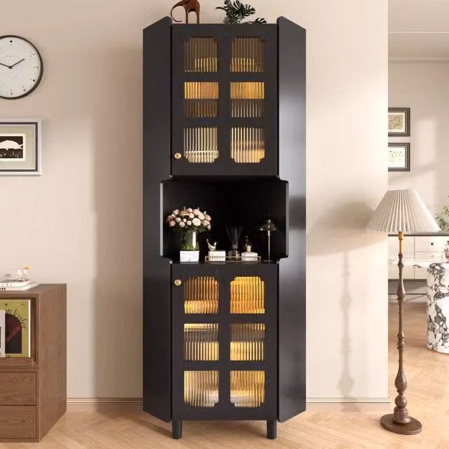 Mobile angolare moderno WISHDOR nero con ante in vetro e illuminazione LED integrata in MDF laccato L/P/H: 157.5 x 63.5 x 63.5 cm
