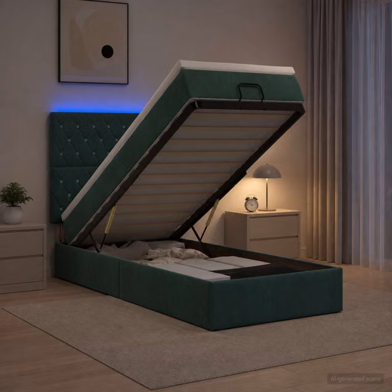 Letto Ottomano vidaXL con Materasso Ibrido e Illuminazione LED sotto il letto, Rivestimento in Velluto Verde Scuro, L/P/H: 190 x 90 x 88 cm