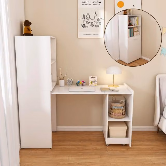 Scrivania a secretaire pieghevole con piano ribaltabile e armadietto in MDF bianco per ufficio o camera da letto