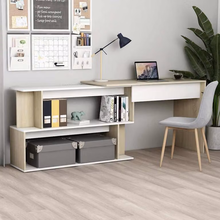 Scrivania ad angolo moderna vidaXL in legno bianco e rovere Sonoma, L: 200 cm, P: 50 cm, H: 76 cm