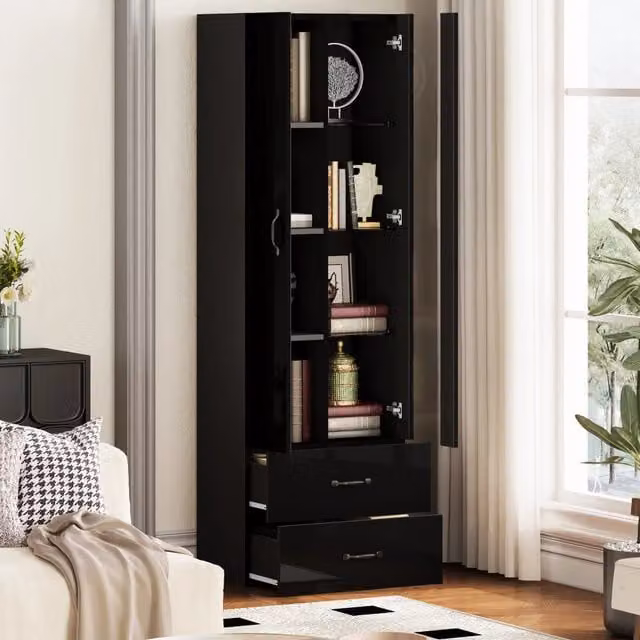 Vetrina Mivray moderna con ante in vetro, illuminazione integrata e 2 cassetti, finitura nera lucida, L: 59.5 cm, P: 35 cm, H: 182 cm