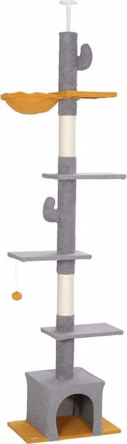 Albero per gatti PawHut da pavimento a soffitto con 6 livelli, piattaforme, amaca e nicchia, grigio chiaro, Altezza: 275 cm