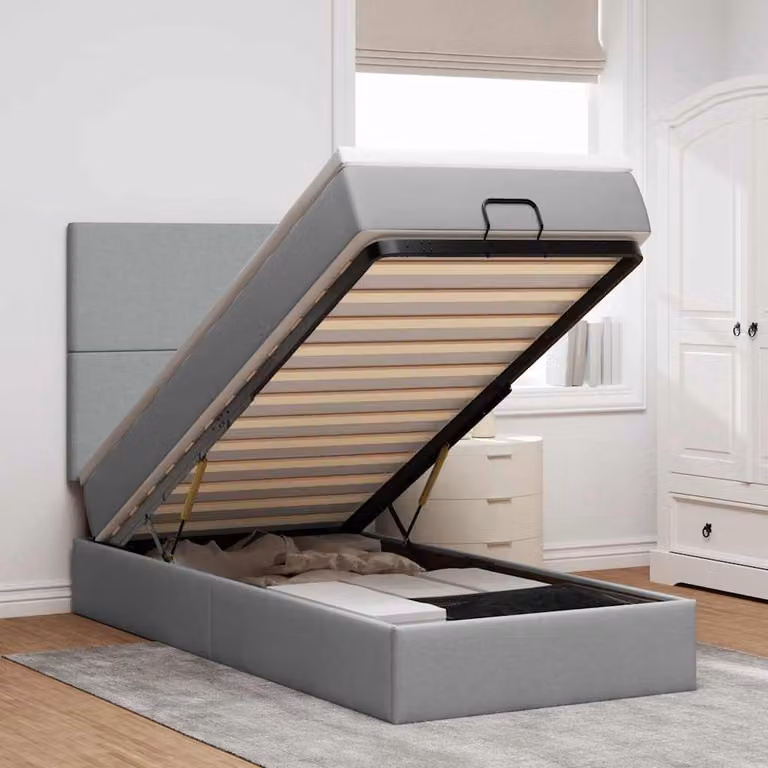 Letto con Pouf e Materasso vidaXL in Tessuto con Base a Sollevamento, Luci Sotto il Letto e Porte USB, Grigio e Bianco, L/P/H: 190 x 90 x 128 cm