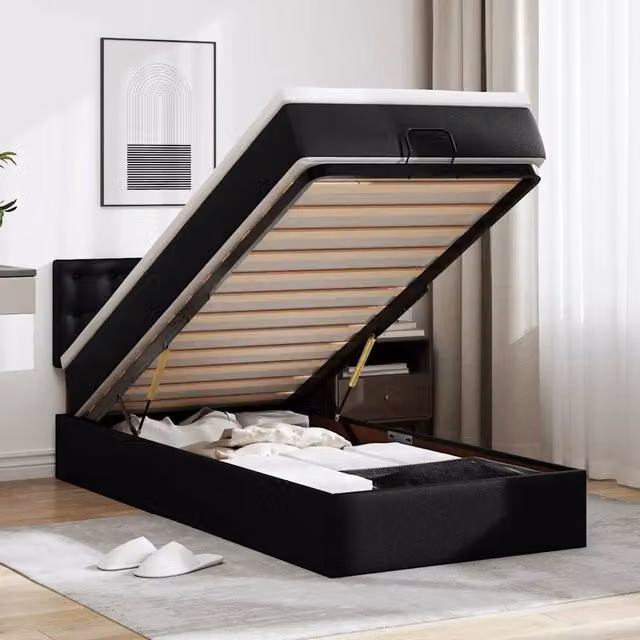 Letto con contenitore a sollevamento e materasso vidaXL in similpelle nero e bianco, dotato di illuminazione sottostante e porta di ricarica USB, L: 200 cm, P: 140 cm, H: 88 cm