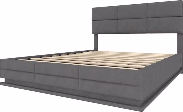 Letto imbottito Gomyway in velluto grigio con illuminazione LED, porta USB e sistema di sollevamento idraulico, L/P: 160 x 200 cm