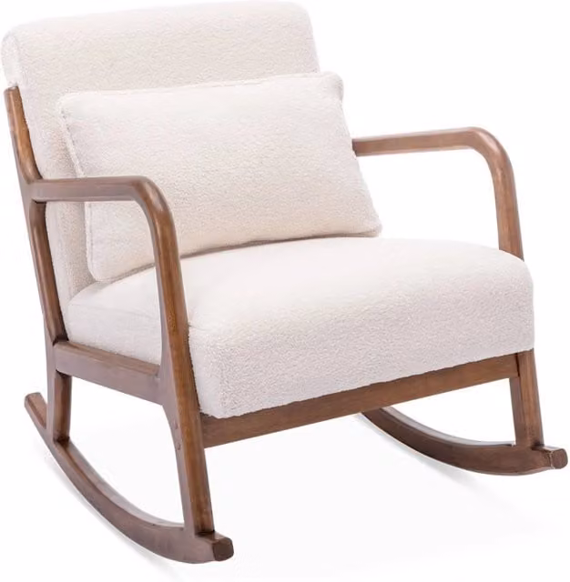 Poltrona a dondolo scandinava Sweeek in legno massello e tessuto bouclé bianco con braccioli