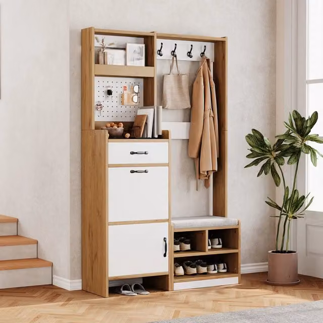 Set di mobili da ingresso Mivray in stile scandinavo con scarpiera, panca imbottita, cassetto e ganci, colore bianco e rovere, L: 108.5 cm, P: 35 cm, H: 180 cm
