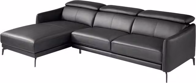 Divano moderno a L con chaise longue sinistra in pelle nera Angel Cerda S L con struttura in legno massello e poggiatesta regolabile