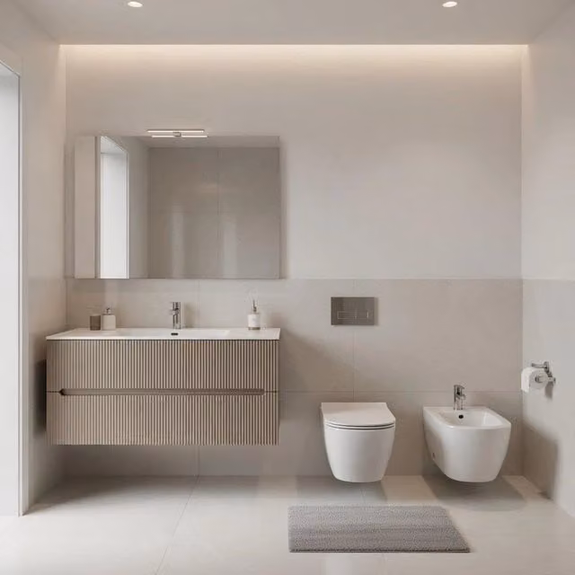 Composizione mobile bagno sospeso Taco mod. STICK con cassetti e specchio, design cannettato, Tortora Opaco L: 120 cm, P: 45 cm, H: 46 cm