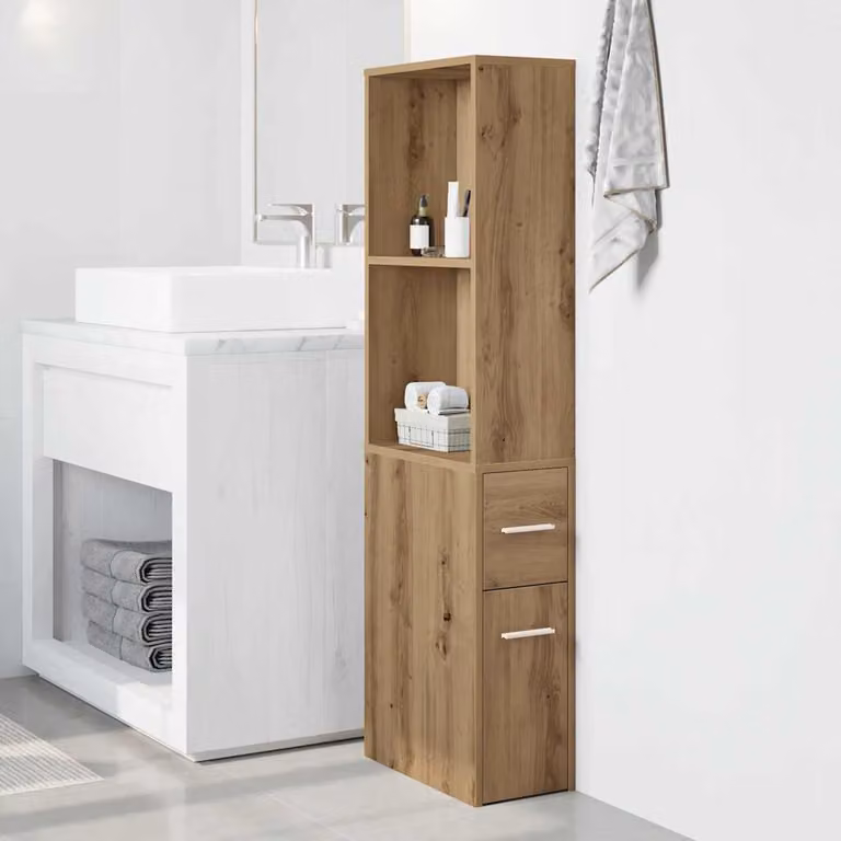 Mobile da bagno stretto con ruote vidaXL in legno color rovere marrone L/P/H: 41 x 22 x 135 cm