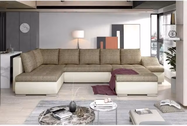 Divano panoramico GYOVANI MEUBLORAMA beige e bianco con angolo destro, modello a U convertibile in letto con contenitore e cuscini decorativi, L: 351 cm, P: 190 cm, H: 76 cm