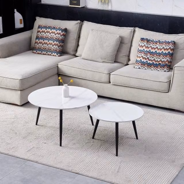 Set di 2 tavolini da salotto Effezeta Italia con piano in ceramica effetto marmo bianco lucido e gambe in metallo nero
