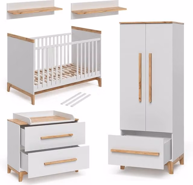 Set per cameretta Malia Vitalispa composta da 4 pezzi in bianco e rovere con struttura in legno e MDF