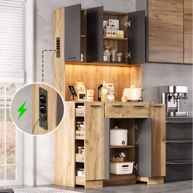 Mobile colonna da cucina Mivray in MDF nero opaco con illuminazione LED integrata e ripiani, L/P/H: 100 x 40 x 180 cm