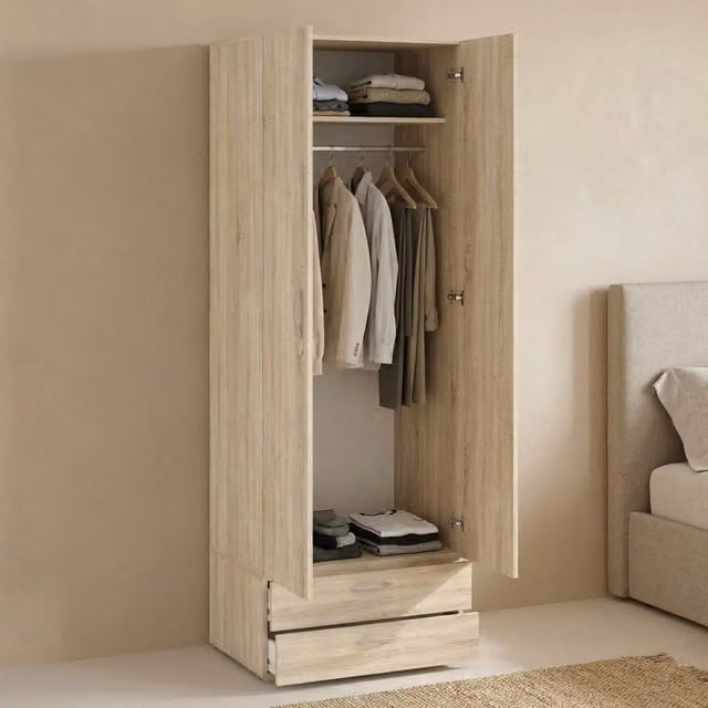 Armadio a 2 ante Buriasco DMORA con cassetti interni e appendiabiti, Rovere, L: 74 cm, P: 52 cm, H: 214 cm
