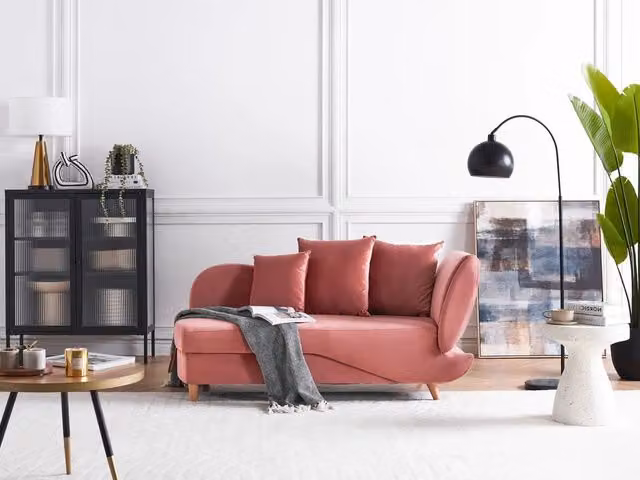 Chaise Longue BELIANI in velluto grigio e rosa con contenitore e funzione letto, stile moderno per soggiorno, lato destro, L: 155 cm, P: 69 cm, H: 76 cm