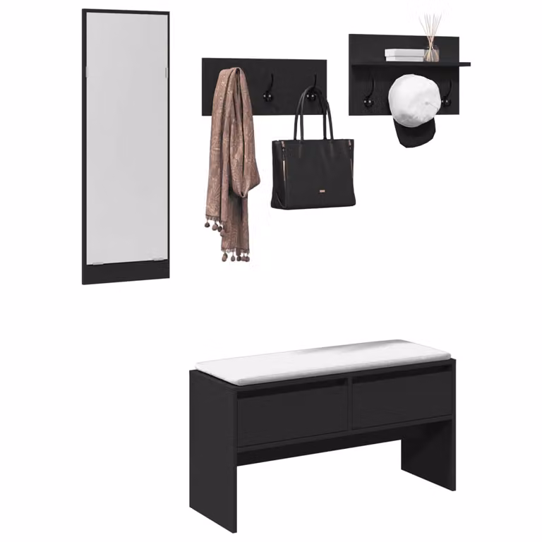 Set Mobili da Ingresso vidaXL 4 Pezzi Nero in Legno e Metallo con Panca, Specchio e Pannello