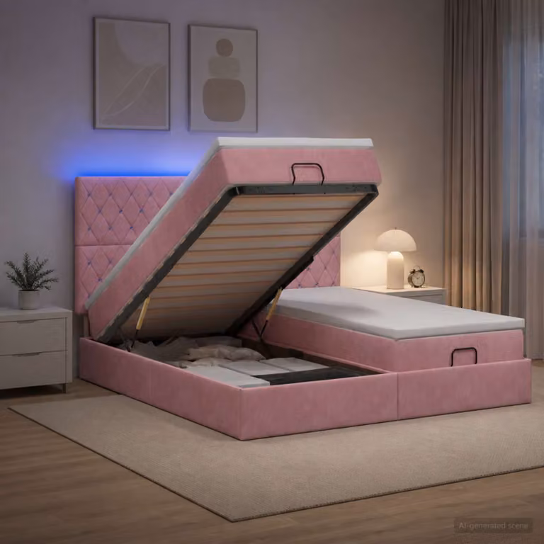 Letto Ottomano vidaXL con Materasso Ibrido e Illuminazione LED in Velluto Rosa e Bianco L/P: 200 x 200 cm
