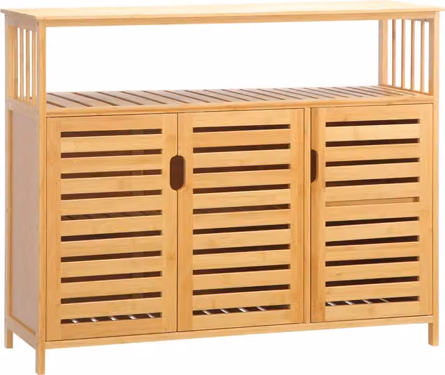 Buffet mobile HOMCOM in legno e bambù marrone con 3 ante a battente e ripiani interni, L: 100 cm, P: 35 cm, H: 82 cm