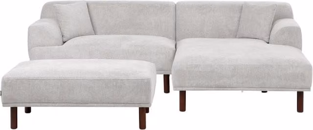 Divano ad angolo sinistro Beliani in tessuto grigio con pouf, funzione letto e cuscini coordinati, stile minimalista