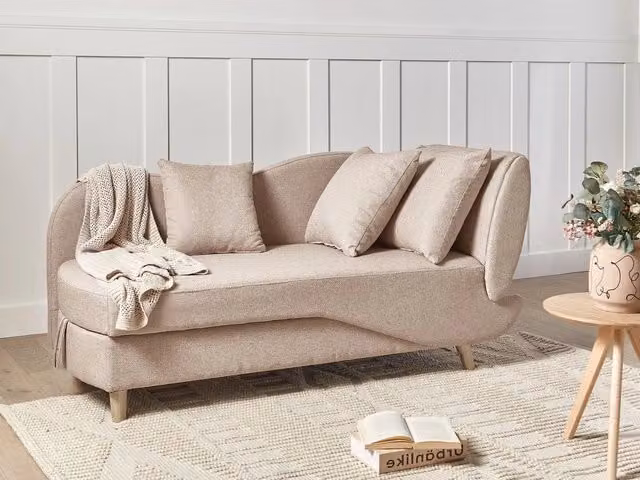 Divano angolare con chaise longue a destra BELIANI in tessuto beige e marrone con contenitore e funzione letto, stile scandinavo per il tuo soggiorno, L/P/H: 235 x 155 x 76 cm