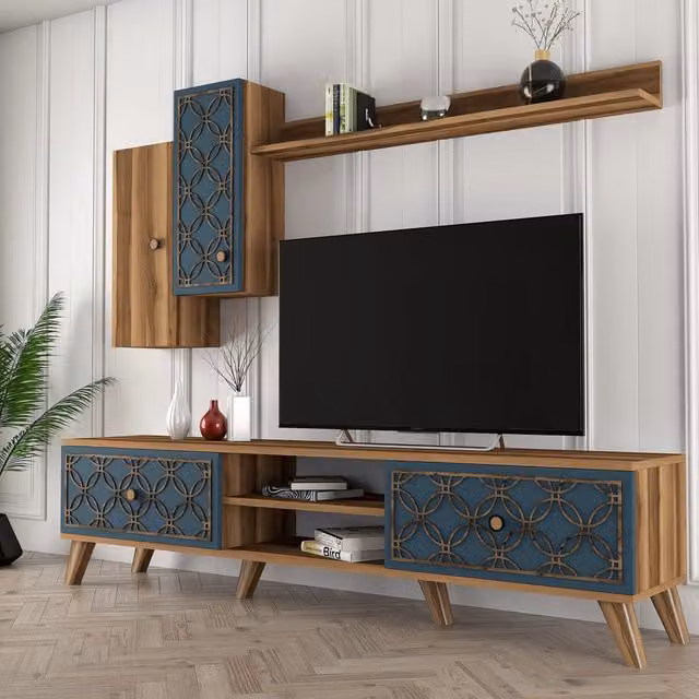 Parete Attrezzata Modulabile DMORA per Soggiorno, Design Moderno con Lowboard e Scaffali, Marrone e Blu