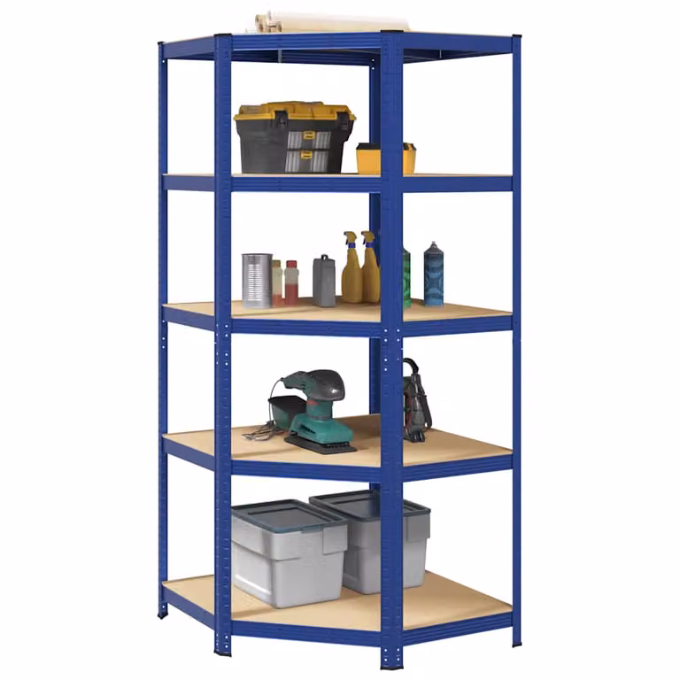 vidaXL Mensola Angolare Industriale a 5 Strati in Acciaio e Legno Blu L 90 x P 90 x H 198 cm