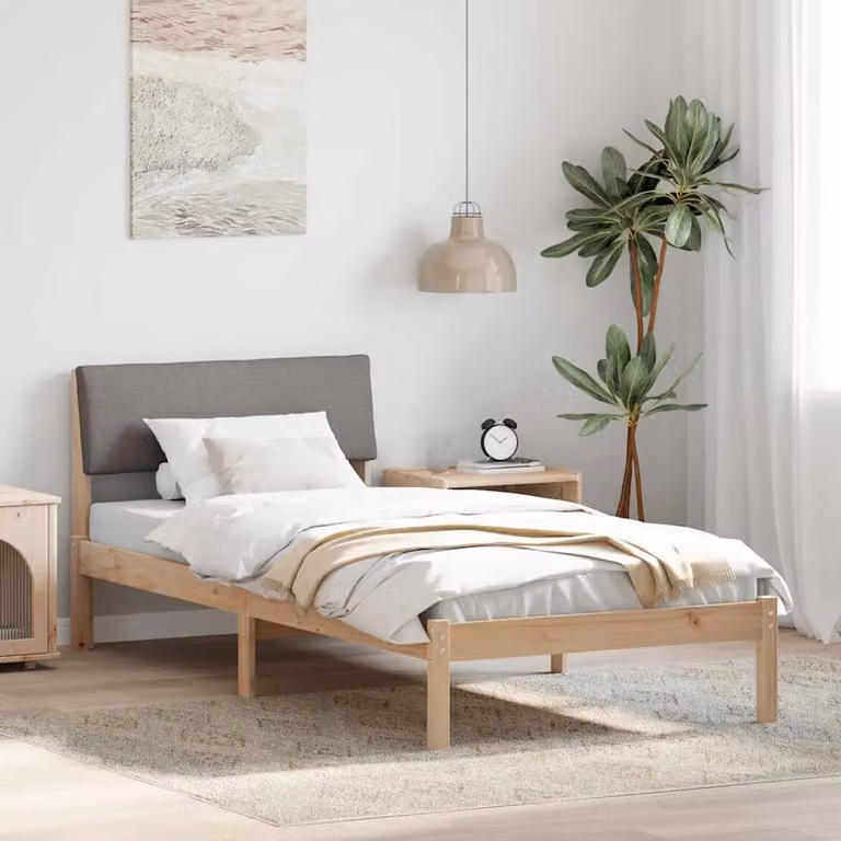 Struttura del letto con testiera vidaXL in legno di pino e tessuto, marrone e grigio, 90 x 190 cm