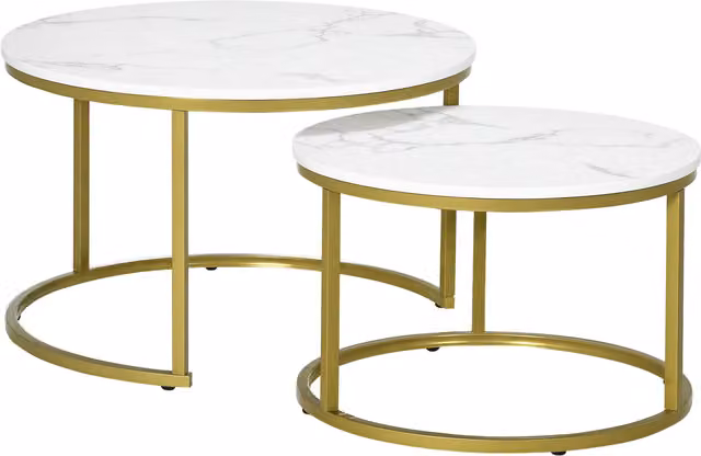 Set di 2 tavolini da salotto rotondi e impilabili HOMCOM in acciaio e MDF, Bianco e Oro, Ø74 x 46,3 cm e Ø59 x 38,5 cm