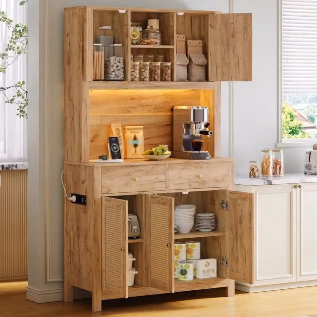 Mobile colonna da cucina Mivray in MDF con ante in rattan e illuminazione LED RGB, dotata di 5 ante, 2 cassetti interni e prese AC e USB, colore beige e marrone, L: 100 cm, P: 40 cm, H: 180 cm