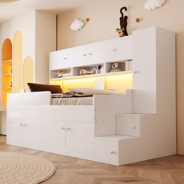 Letto singolo elevato Cipacho in legno bianco con armadio, cassetti, scala e illuminazione LED per cameretta dei bambini L/P: 90 x 200 cm