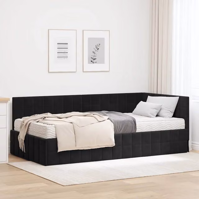 Letto Angolare Moderno con Materasso in 2 Pezzi vidaXL, Rivestimento in Velluto Nero, L/P: 100 x 200 cm
