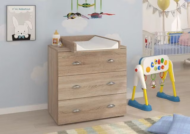 Cassettiera per bambini Bim Furniture MIA con fasciatoio rimovibile e 3 cassetti, Rovere e Beige, L: 80 cm, P: 71,8 cm, H: 90 cm