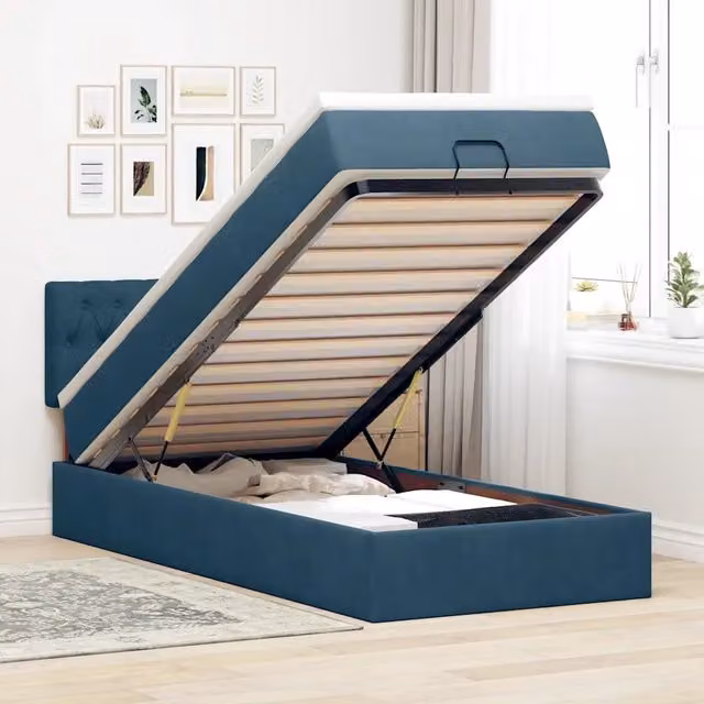 Letto con contenitore a sollevamento e materasso vidaXL in velluto blu e bianco L: 200 cm, P: 140 cm, H: 88 cm