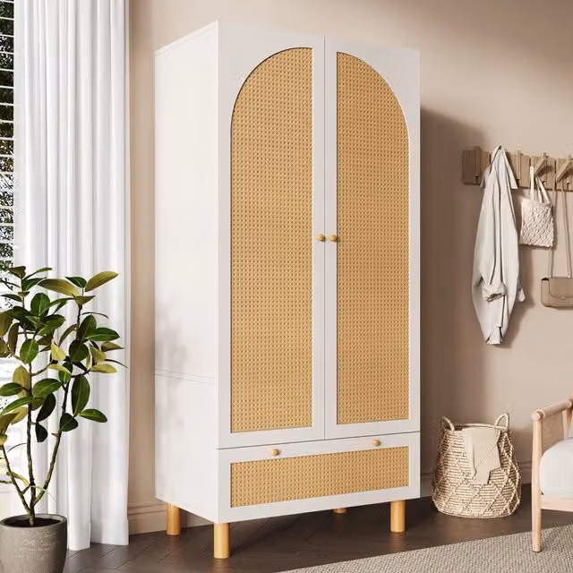 Armadio guardaroba a 2 ante con dettagli in rattan e ripiani regolabili, bianco, H: 180,5 cm, L: 85,5 cm, P: 52 cm