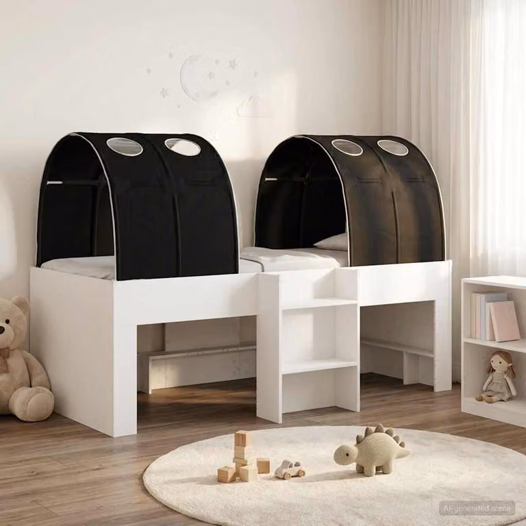 vidaXL Letto per bambini con tunnel in legno ingegnerizzato e MDF, Bianco e Nero, L: 120 cm, P: 119,5 cm, H: 68,5 cm