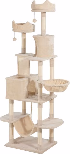 Tiragraffi per gatti PawHut con casette, amache e pali in sisal, Beige, Altezza: 206 cm
