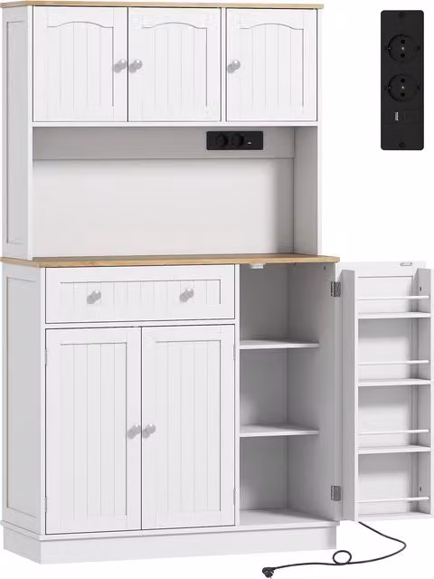 HOMCOM Credenza da Cucina Alta con Stazione di Ricarica e Piano per Microonde, Ripiani Regolabili e 4 Rastrelliere per Spezie, Bianco, Altezza: 173 cm