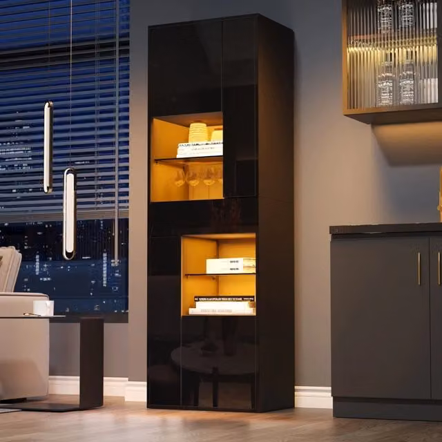 Vetrina REDOM con illuminazione LED, ante in vetro e 1 cassetto, Nero lucido, L: 55 cm, P: 38 cm, H: 170 cm