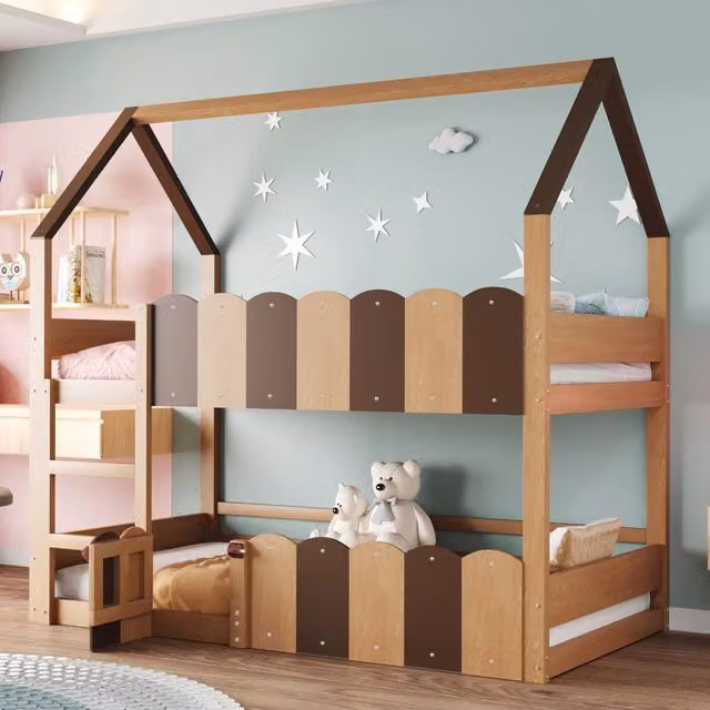 Letto a castello per bambini con struttura a casetta in legno e materiali misti, colore marrone, L 90 cm x P 200 cm