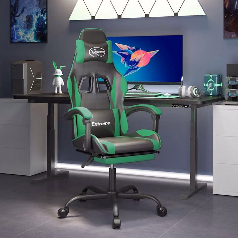 Sedia da Gaming Girevole vidaXL con Poggiapiedi e Braccioli, Similpelle Nero e Verde