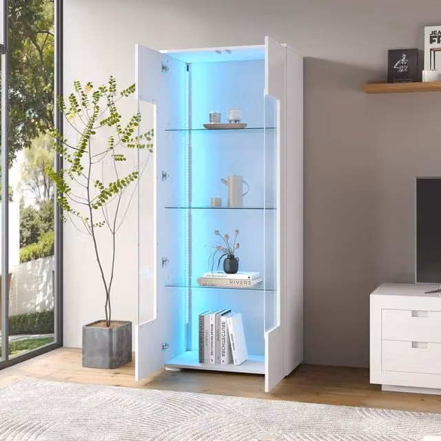 Vetrina MIVRAY moderna in MDF bianco lucido con 2 ante in vetro e ripiani in vetro temperato, illuminazione LED controllabile tramite app, L: 70 cm, P: 40 cm, H: 173 cm