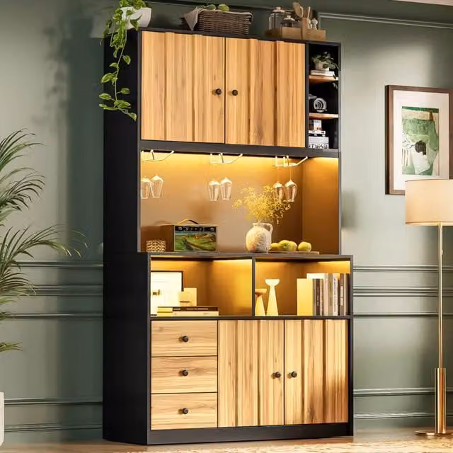 Colonna da cucina WISHDOR con ante in vetro, illuminazione LED integrata e portabicchieri, disponibile in nero o marrone, L: 100 cm, P: 40 cm, H: 180 cm