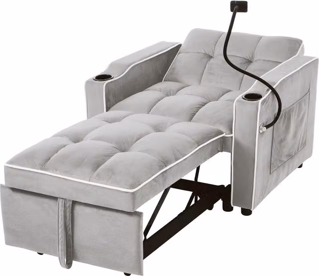 Divano letto estraibile 3-in-1 ZR Home in velluto con portabicchieri e porta smartphone, struttura in metallo, L/P/H: 167 x 83 x 76 cm, Grigio e bianco