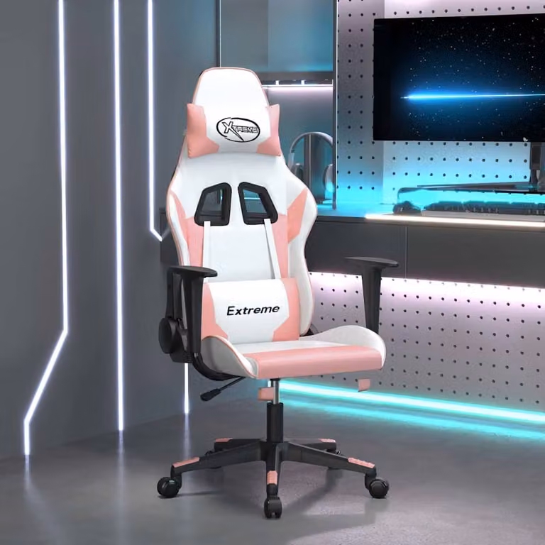 Sedia da Gaming vidaXL Bianco e Rosa in Similpelle con Braccioli e Ruote, Ruotabile a 360 Gradi