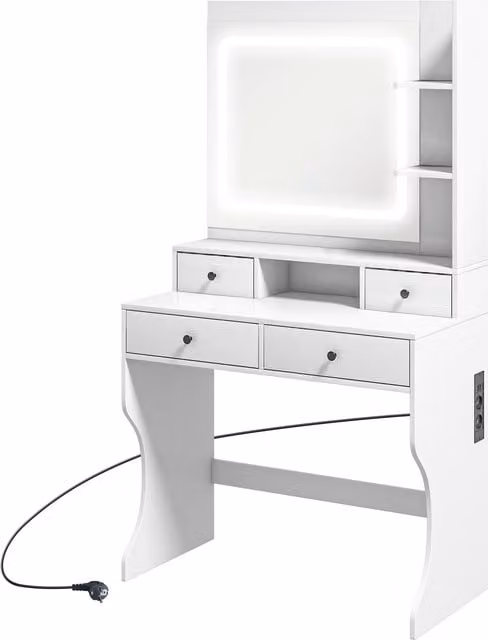 Toeletta Trucco HOMCOM con Luci LED a 3 Tonalità, Specchio, Prese USB, 4 Cassetti e Mensole, Bianco, L: 90 cm, P: 45 cm, H: 160 cm