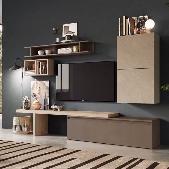 Parete Attrezzata Infinity 2A Redokasa Made in Italy con Base TV e Mensola T, Design Moderno per Soggiorno, Cucina o Sala da Pranza, Colore Argilla/Bronzo/Cadiz, L: 260 cm, H: 190 cm, P: 40 cm
