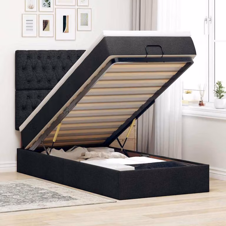 vidaXL Letto con Materasso e Base Contenitore Lift-Up, Colore Nero e Bianco, L/P/H: 90 x 190 x 128 cm