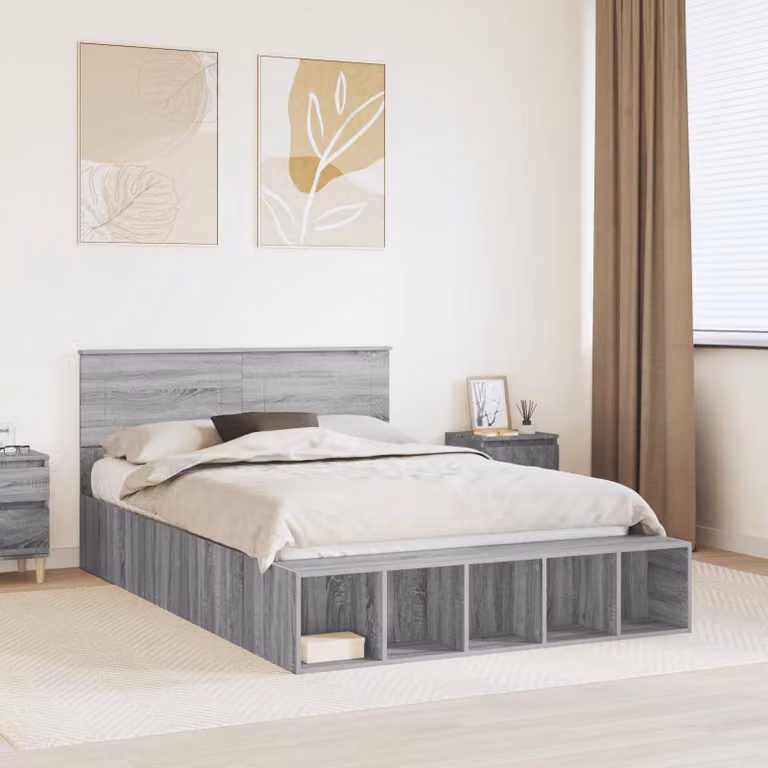 Struttura letto moderna vidaXL con scaffale e cassetti in legno Grigio Sonoma L 150 x P 200 cm